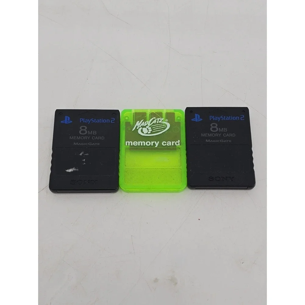 2 Official Sony PlayStation 2 8MB Memory Card - Black & 1 Green Mad Catz